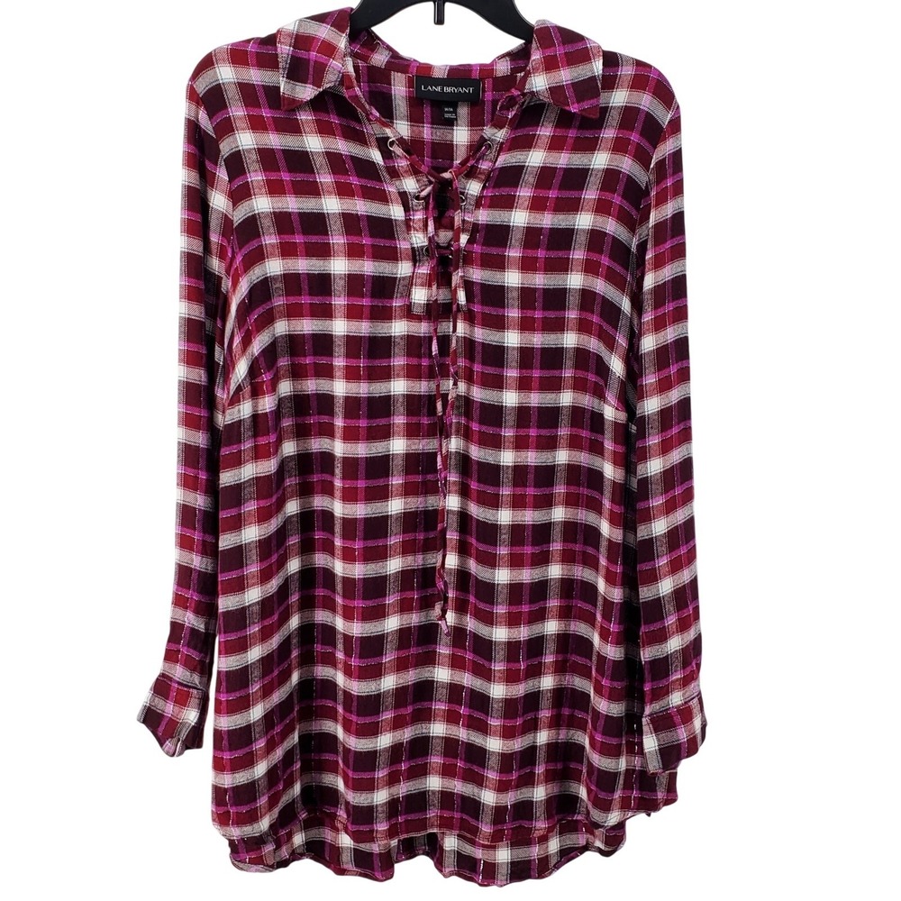 Lane Bryant Womens 14/16 Plaid Lace Up Tunic Top Burgundy Pink Metallic Lurex